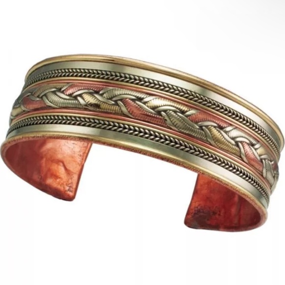 DZI Jewelry - Traditional Nepalese Healing Ribbon Cuff Bracelet Mixed Metal Copper Fair Trade